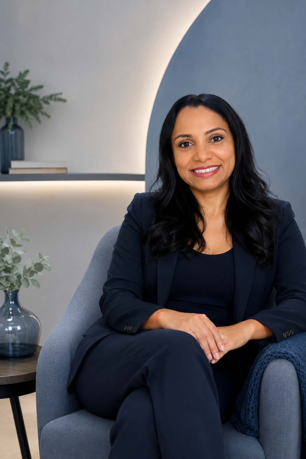 Fran Carvalho, psicanalista, sentada em ambiente acolhedor